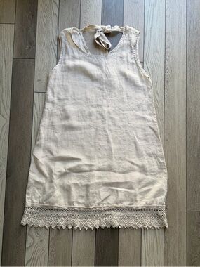 Rosemarine Made in Italy Cream Sleeveless Dress with Crochet Hem 100%linen M